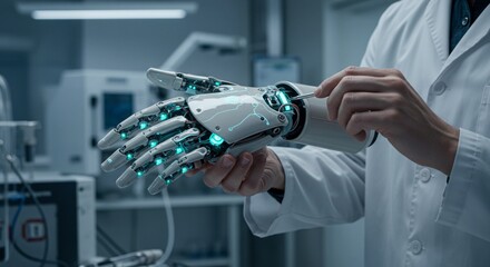 Close-up of a scientist adjusting a futuristic, glowing robotic hand with a tool, symbolizing AI and prosthetics research.