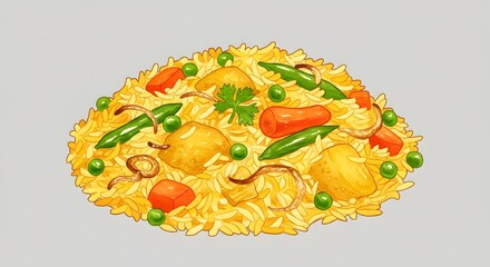Watercolor Illustration of Delicious Vegetable Fried Rice with Peas and Carrots