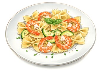 Watercolor Illustration of Farfalle Pasta with Shrimp and Zucchini