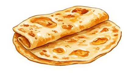 Watercolor Illustration of Freshly Baked Naan Bread on White Background