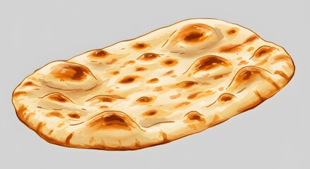 Watercolor Illustration of Golden Baked Naan Bread on a Light Gray Background
