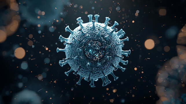 digital virus particle with illuminated rna and dna strands in scientific visualization - Powered by Adobe