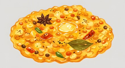 Watercolor Illustration of Indian Dal Tadka with Spices