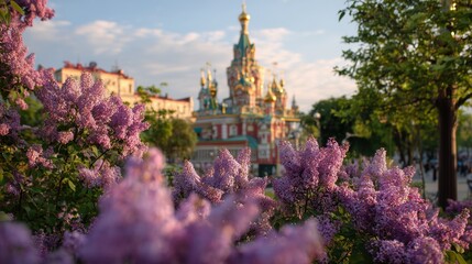 Lilac flowers adorn the garden, with lilac blooms contrasting against a historic building. Lilac scents fill the air as the lilac plants thrive under the sun.