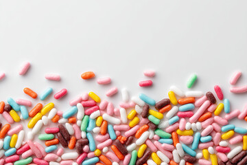 A colorful and vibrant array of sprinkles cascading across a crisp, white surface, creating a cheerful confectionary scene.