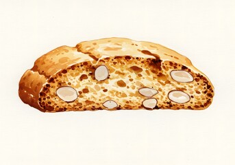 Watercolor Painting of a Biscotti Cookie with Almonds