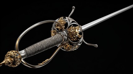 Rapier Spanish roper sword with loop guard on transparent background. 3D Render.