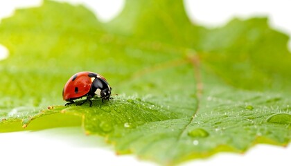 A close-up shot showcases a vibrant red ladybug with black spots, perched on a lush green leaf, covered with tiny water droplets