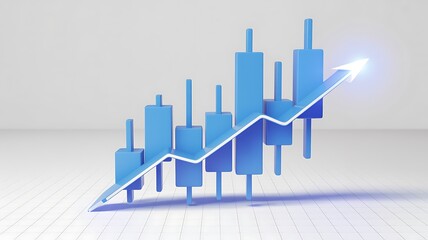 Blue candlestick chart with ascending arrow illustrating financial growth and investment trends