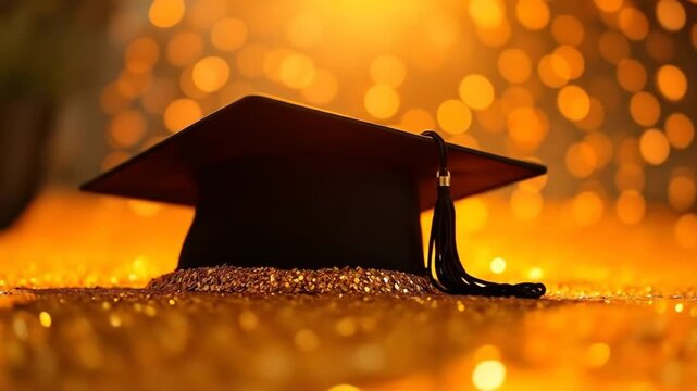 Black graduation cap with gold glitter, bokeh background, celebrating academic achievement. 4k video