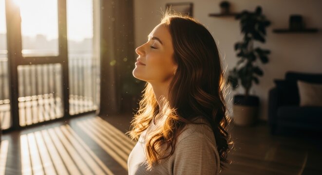 Mindful Woman Soaking Golden Sunlight, Dust Motes Dancing in Warm Home Interior