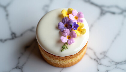 Elegant mini cake with white glaze and edible flowers on marble background, minimal gourmet dessert concept for pastry art and food branding