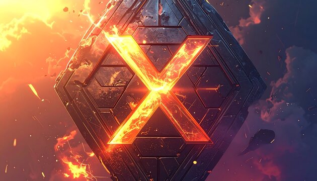 A geometric cube features an illuminated fiery "X". The background reveals an explosion within cloudy atmosphere, creating depth