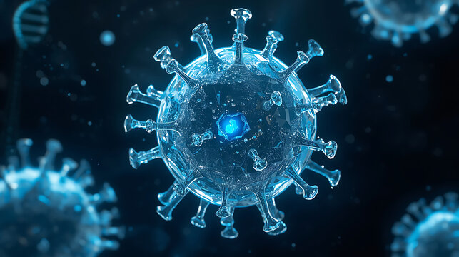 digital virus particle with illuminated rna and dna strands in scientific visualization
