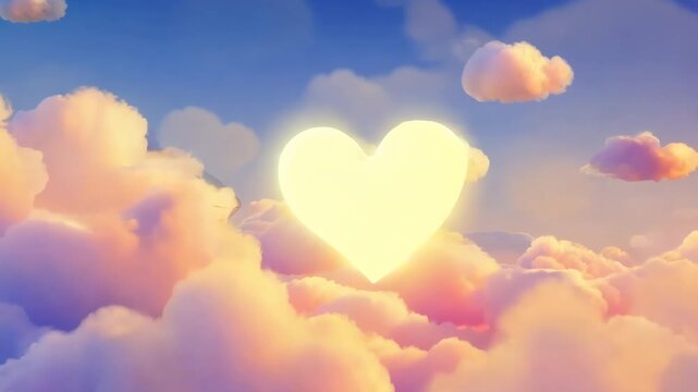 A radiant golden fish swimming gracefully through fluffy white clouds in the sky. Each cloud it touches transforms into glowing symbolic shapes: a heart, a bird, a star, a smiling face. Soft pastel 4k