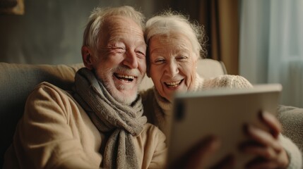 An elderly man and elderly woman are seated closely, viewing a digital device. The elderly man and elderly woman appear engaged as the elderly man operates the tablet.
