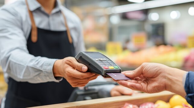 Cashier Processing Card Payment in Grocery Store