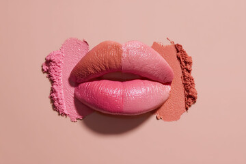 Fototapeta premium Lips are framed by different shades of color, showcasing cosmetic hues and textures on a pale peach backdrop, inviting beauty exploration.