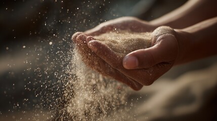 Hands hold sand, letting the sand gently slip through fingers. The hands and sand evoke a peaceful moment as the sand glides across fingertips.