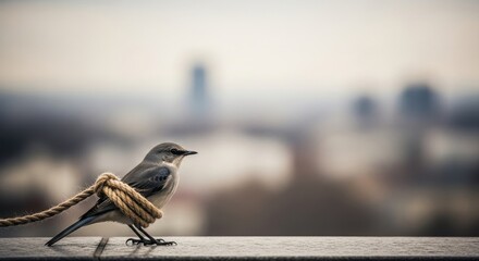Small Bird Tied with Rope Against Blurred City Background