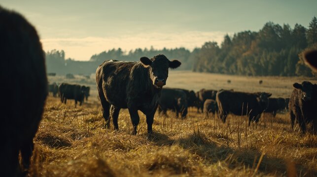 Black cows stand grazing in a field, field with tall grass and sunlight. The cows move through the field, field nestled beside a forest with trees in the background.