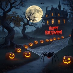 Spooky Halloween night scene with haunted house glowing pumpkins and full moon