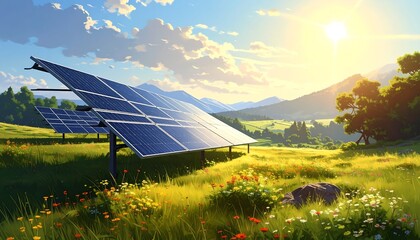 Solar Panels in a Sunny Meadow Landscape.