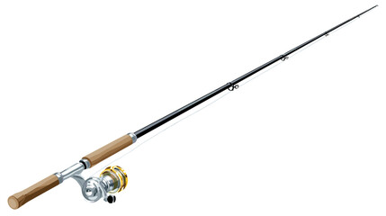 Angling equipment: A fishing rod stands ready against a black backdrop, promising adventure and relaxation by the water's edge.