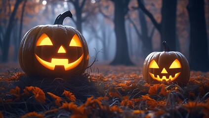 Glowing jack-o-lanterns create a spooky Halloween atmosphere in a forest setting