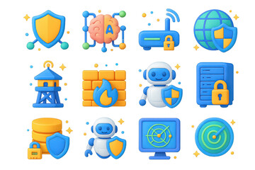 3D Cybersecurity Icon Set. 3D icons set of AI and network defense: shield over network nodes, AI brain scanning network, secure router, cyber defense tower,