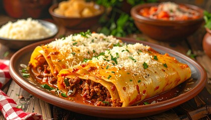 Delicious Italian Lasagna Rolls with Tomato Sauce.