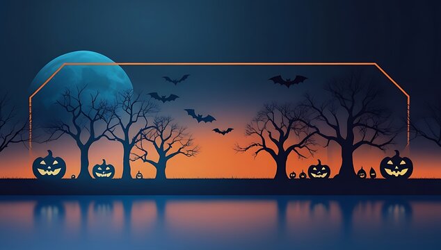 Spooky Halloween night with jack-o'-lanterns bare trees and bats over reflective water