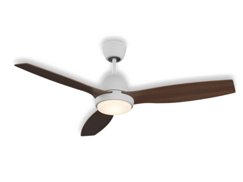 A white and brown colour ceiling fan on transparent background.