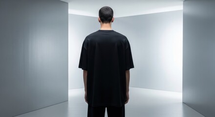 Fototapeta premium Minimalist Back View of Man in Black T-Shirt in Stark White Architectural Space