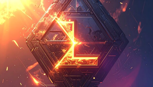 A geometric form, constructed of dark panels, illuminated by fiery light from within, set against a vibrant orange to purple gradient - Powered by Adobe