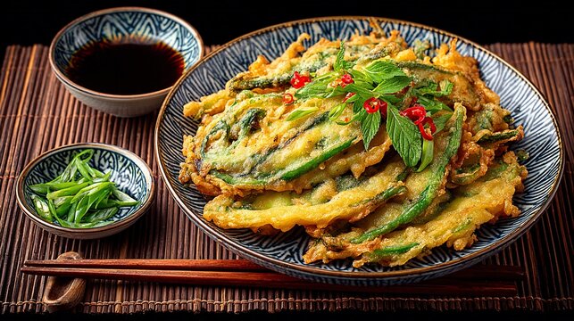 Delicious korean zucchini pancake or hobak buchim presented with sauce and green onion