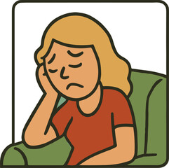 A retro-style illustration of a sad woman sitting on a couch with her head resting on her hand, expressing loneliness, fatigue, or emotional exhaustion.