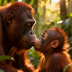 A mother orangutan gently kisses her adult daughter in the jungle