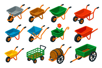 Vibrant Garden Wheelbarrows. Isometric vector illustration set Garden Wheelbarrows: classic metal wheelbarrow, wooden wheelbarrow,
