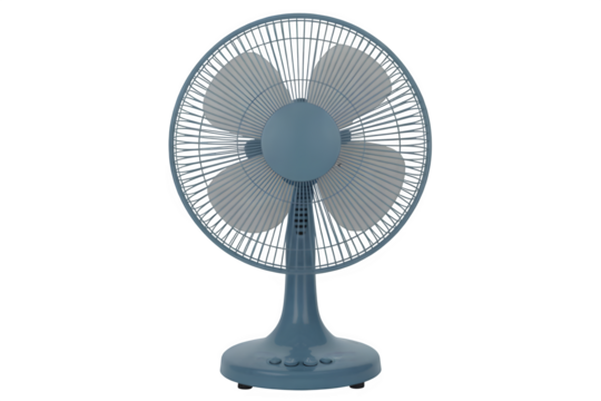 A blue colour table fan isolated on transparent background.