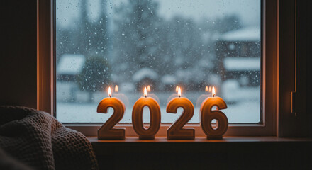 2026 candle numbers on windowsill with winter snow outside