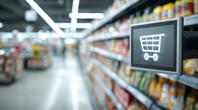 Smart Touchscreen Panel on Supermarket Shelf with Shopping Cart Icon
