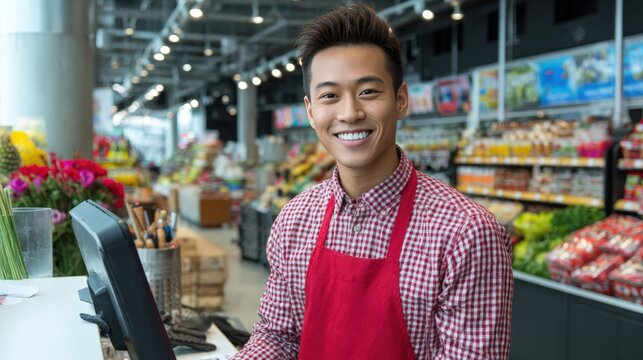 Smiling Grocery Store Clerk in Red Checkered Shirt and Apron at Checkout Desk