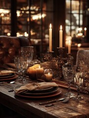 Obraz premium festive dining capturing the cozy atmosphere of a beautifully set table with elegant decorations and warm candlelight perfect for creating memorable moments 