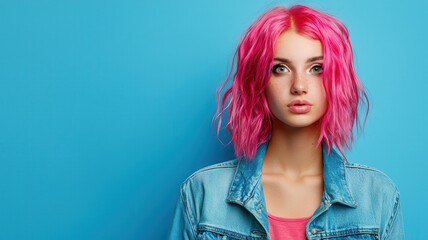 Naklejka premium Teenage Girl with Pink Hair in Denim Jacket on Pastel Blue Background