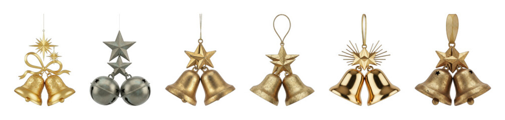 Holiday bells and stars ornament set including gold, silver, distressed, and shiny styles isolated. Festive Christmas and seasonal decor collection.