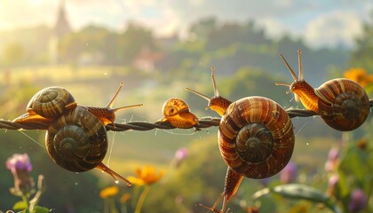 Snails on a Fence in a Sunny Field.
