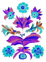 Watercolor painted Decorative Tree of life, birds, flowers and leaves, isolated on a white background