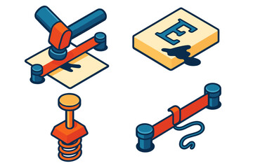 Dynamic Typing Mechanism. Isometric vector illustration set Mechanism in Motion: hammer striking ribbon onto paper, letter imprint