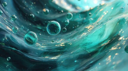 Captivating abstract teal water with shimmering golden light and floating bubbles creates a dynamic, fluid, and mesmerizing visual experience.